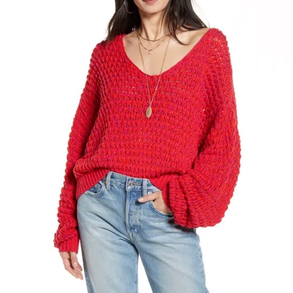 Free People Sweaters - Free People Coconut V Neck Sweater in Dragonfruit open knit size small